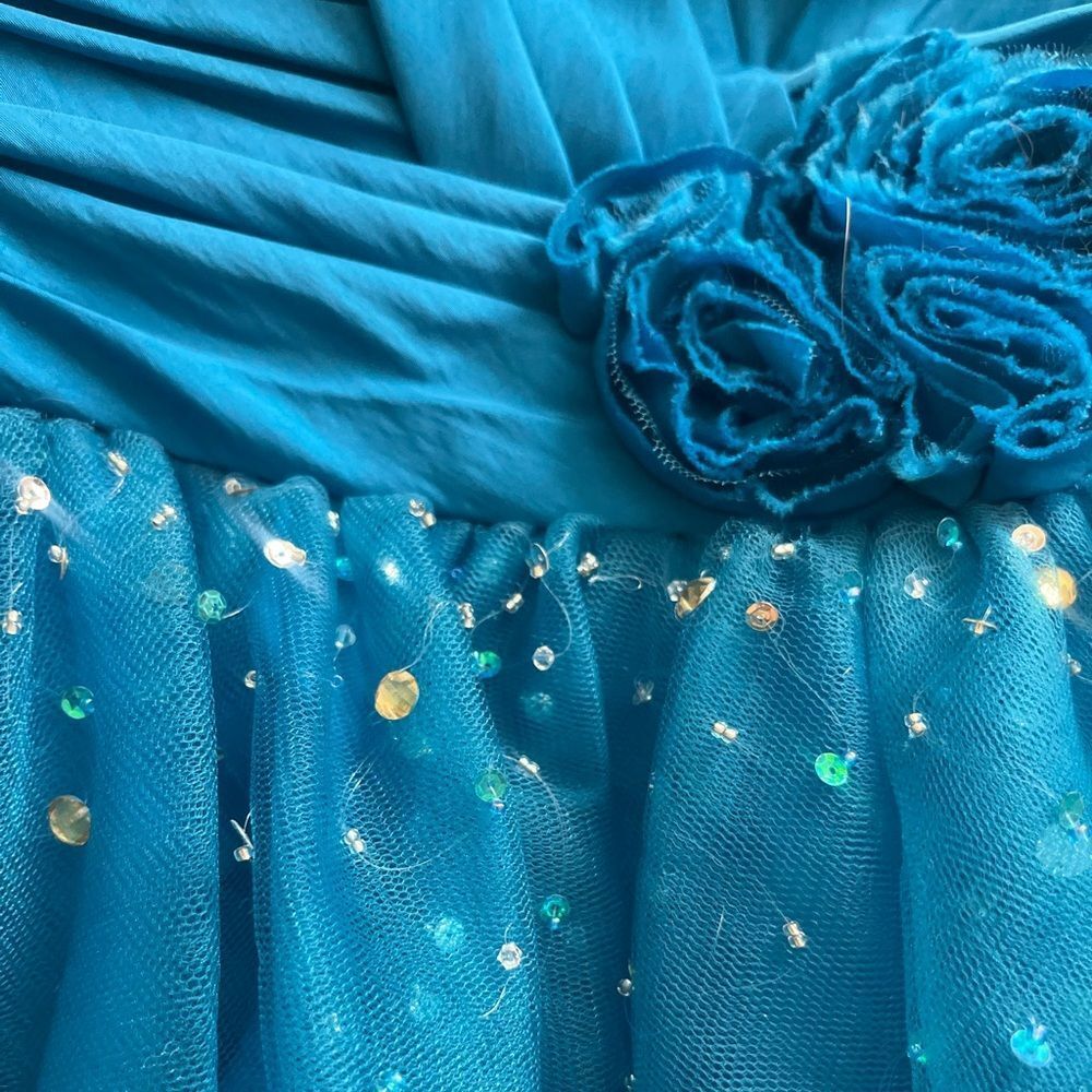 Maggie Sottero Teal Blue Tulle Party Dress with Floral Waist - Picture 10 of 10